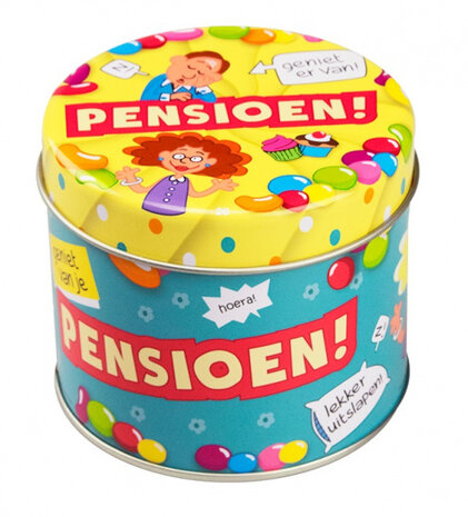 snoepblikje Pensioen 7,5 x 9 cm alu geel/groen
