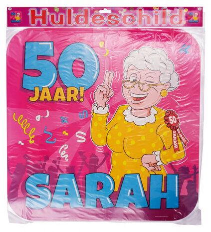 huldeschild Sarah 50 jaar! 50 cm karton roze