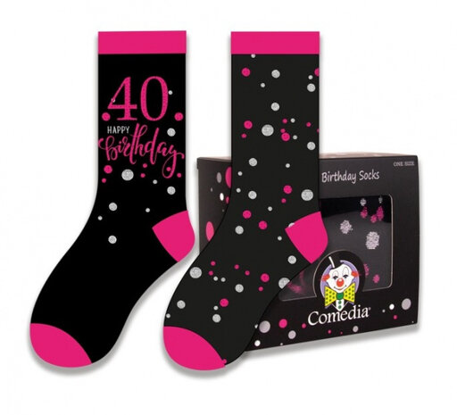 cadeausokken 40 Jaar polykatoen zwart/roze 2-delig