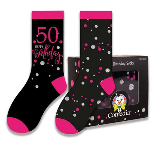 cadeausokken 50 Jaar polykatoen zwart/roze 2-delig