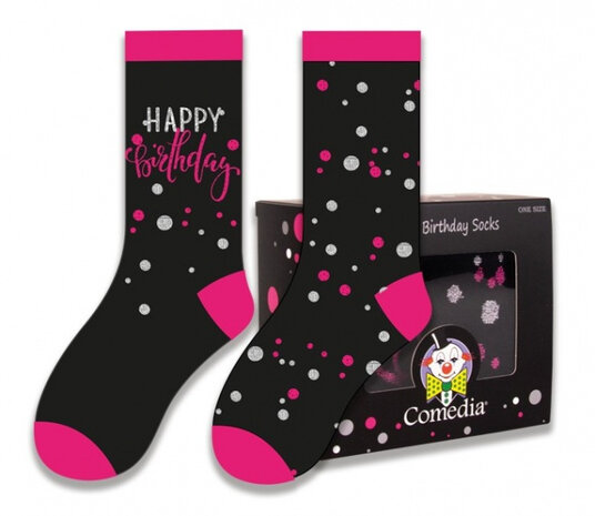 cadeausokken Birthday polykatoen zwart/roze 2-delig
