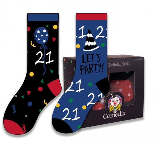cadeausokken 21 Jaar polykatoen blauw/rood 2-delig