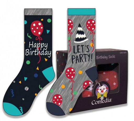 cadeausokken Birthday polykatoen blauw/grijs 2-delig