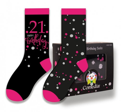 cadeausokken 21 Jaar polykatoen zwart/roze 2-delig