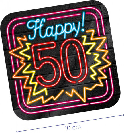 onderzetters Neon 50 jaar 10 cm karton 6 stuks