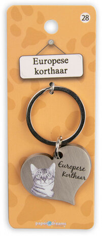 sleutelhanger Europese korthaar 5 cm staal zilver