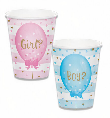 bekers gender reveal 266 ml karton 8 stuks roze/blauw