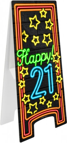waarschuwingsbord Happy 21! neon 58 cm zwart