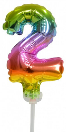 cijferballon 2 taarttopper 13 cm folie regenboog