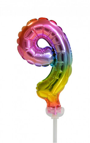 cijferballon 9 taarttopper 13 cm folie regenboog