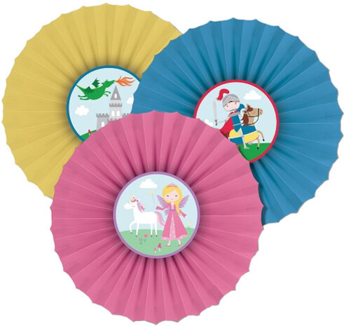 rozetten Princess &amp; Knight papier roze/geel/blauw 3 st
