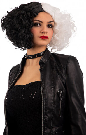pruik dames halflang gekruld polyester zwart/wit