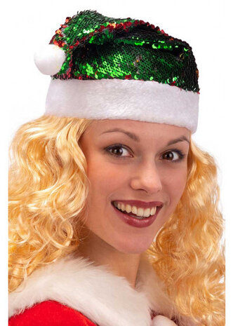 kerstmuts pailletten/pluche rood/groen one-size