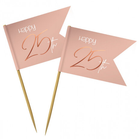 cocktailprikkers 25 jaar 6,5 cm bamboe zalmroze 36 stuks