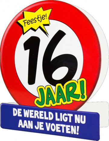wenskaart 16 jaar verkeersbord 14 x 16 cm karton
