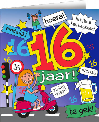 wenskaart 16 jaar cartoon 14 x 16 cm karton