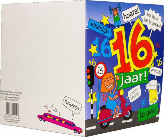 wenskaart 16 jaar cartoon 14 x 16 cm karton