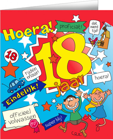 wenskaart 18 jaar cartoon 14 x 16 cm karton