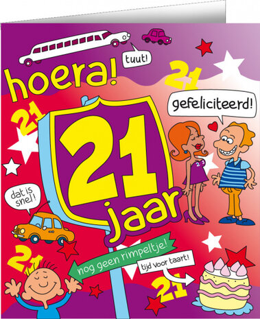 wenskaart 21 jaar cartoon 14 x 16 cm karton