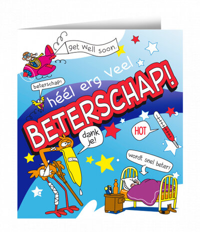 wenskaart beterschap cartoon 14 x 16 cm karton
