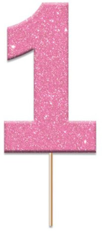 caketopper &#039;1&#039; glitter 4 cm karton roze 12 stuks