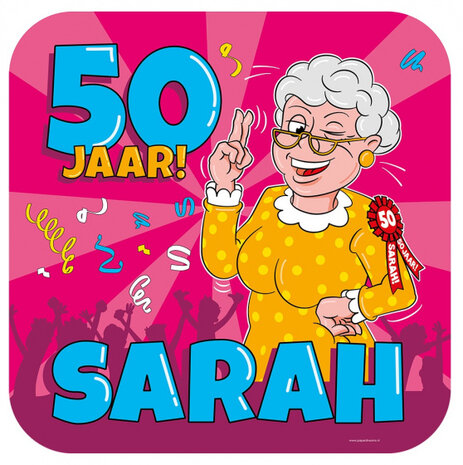 huldeschild Sarah 50 jaar! 50 cm karton roze