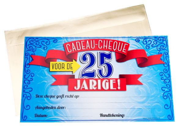 cadeaucheque 25 Jaar 34,5 cm papier blauw/rood