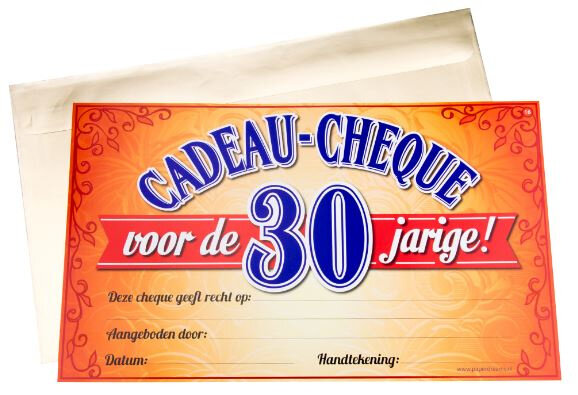 cadeaucheque 30 Jaar 34,5 cm papier blauw/oranje