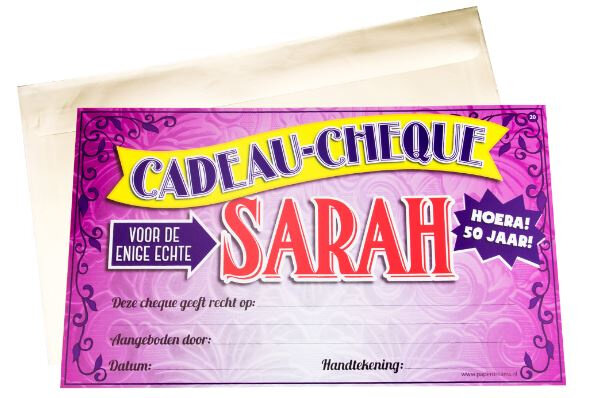 cadeaucheque Sarah 34,5 cm papier geel/paars