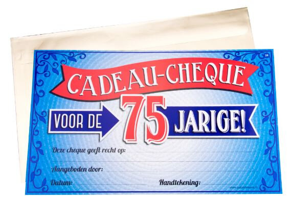 cadeaucheque 75 Jaar 34,5 cm papier rood/blauw