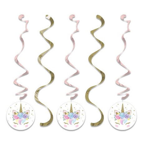 hangdecoratie Unicorn karton goud/roze 5-delig