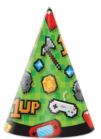 feesthoedjes Gaming Party 16 cm karton groen 8 stuks