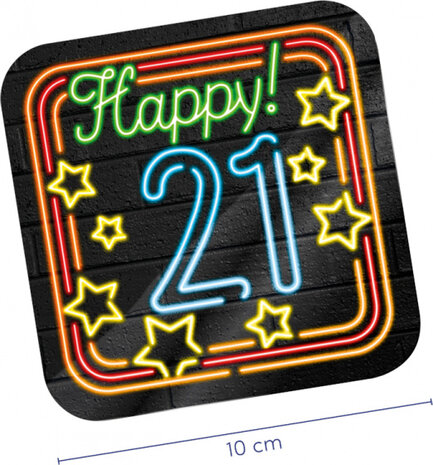 onderzetters Neon 21 jaar 10 cm karton 6 stuks