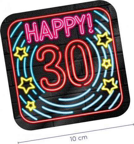 onderzetters Neon 30 jaar 10 cm karton 6 stuks
