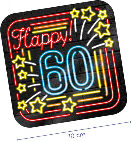 onderzetters Neon 60 jaar 10 cm karton 6 stuks