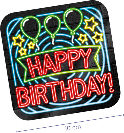 onderzetters Neon birthday 10 cm karton 6 stuks