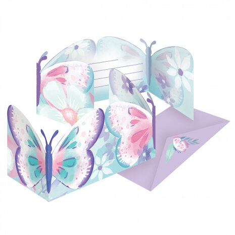 uitnodigingen met envelop vlinder papier blauw/paars 8 stuks