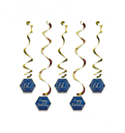 hangdecoratie verjaardag &#039;60&#039; karton blauw/goud 5 stuks