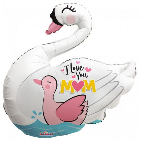 folieballon I love you mom swan dames 71 cm wit/roze