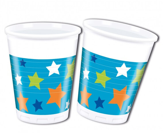 feestbekers Happy Birthday 200 ml wit/blauw 8 stuks