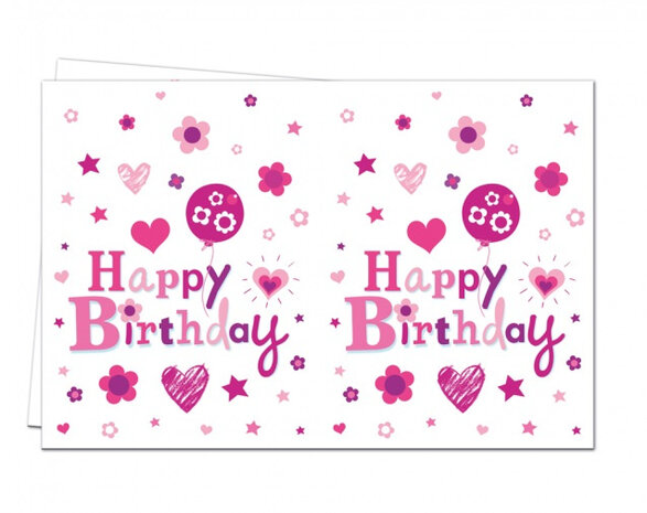 tafelkleed Happy Birthday 180 x 120 cm wit/roze