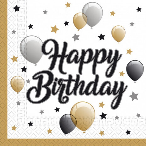 servetten Happy Birthday 33 cm papier goud/wit 20 stuks