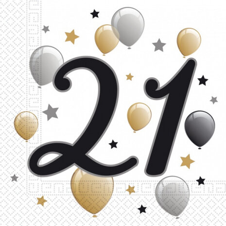 servetten 21 jaar 33 x 33 cm papier wit/goud 20 stuks
