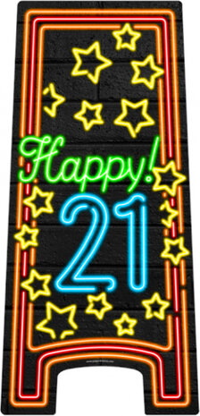 waarschuwingsbord Happy 21! neon 58 cm zwart