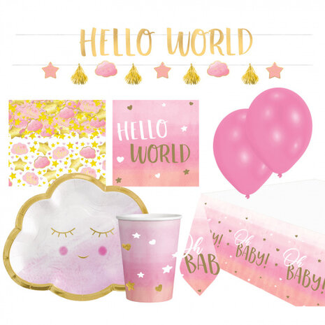 feestset Hello World Girl papier roze 46-delig