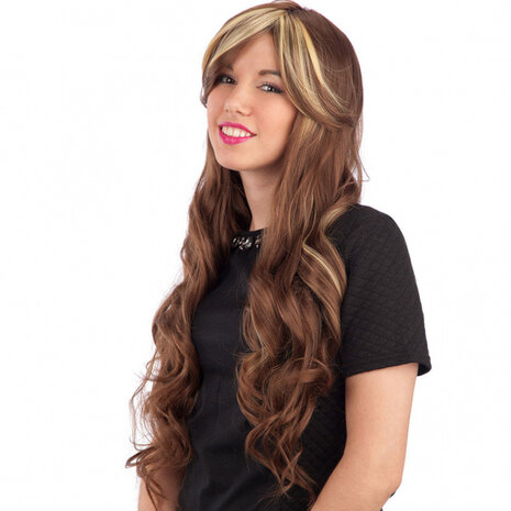 pruik dames lang gekruld polyester bruin/blond