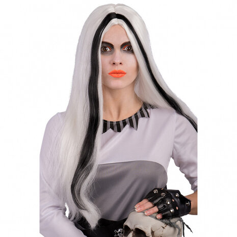 pruik Morticia dames synthetisch wit one-size
