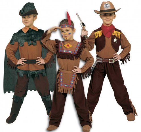 verkleedpak 3-in-1 Cowboy polyester bruin mt 116/128