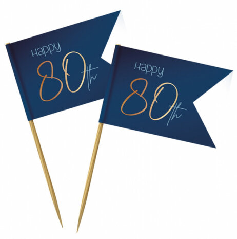 cocktailprikkers 80 jaar 6,5 cm bamboe navy 36 stuks