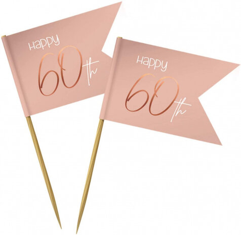 cocktailprikkers 60 jaar 6,5 cm bamboe zalmroze 36 stuks